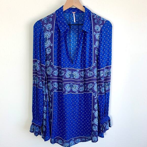 FREE PEOPLE Boho Blue & Purple Floral Tunic Blouse Top - Picture 8 of 16